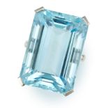 AN AQUAMARINE AND DIAMOND RING in platinum, set with an emerald cut aquamarine of approximately 54.