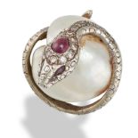 A PEARL, DIAMOND, AND RUBY SNAKE RING in white gold, designed as a snake coiled around a large