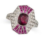 A RUBY AND DIAMOND DRESS RING in platinum, set to the centre with a cushion cut ruby of 2.10 carats,