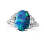 A BLACK OPAL AND DIAMOND RING set with a cabochon black opal, the shoulders set with baguette and