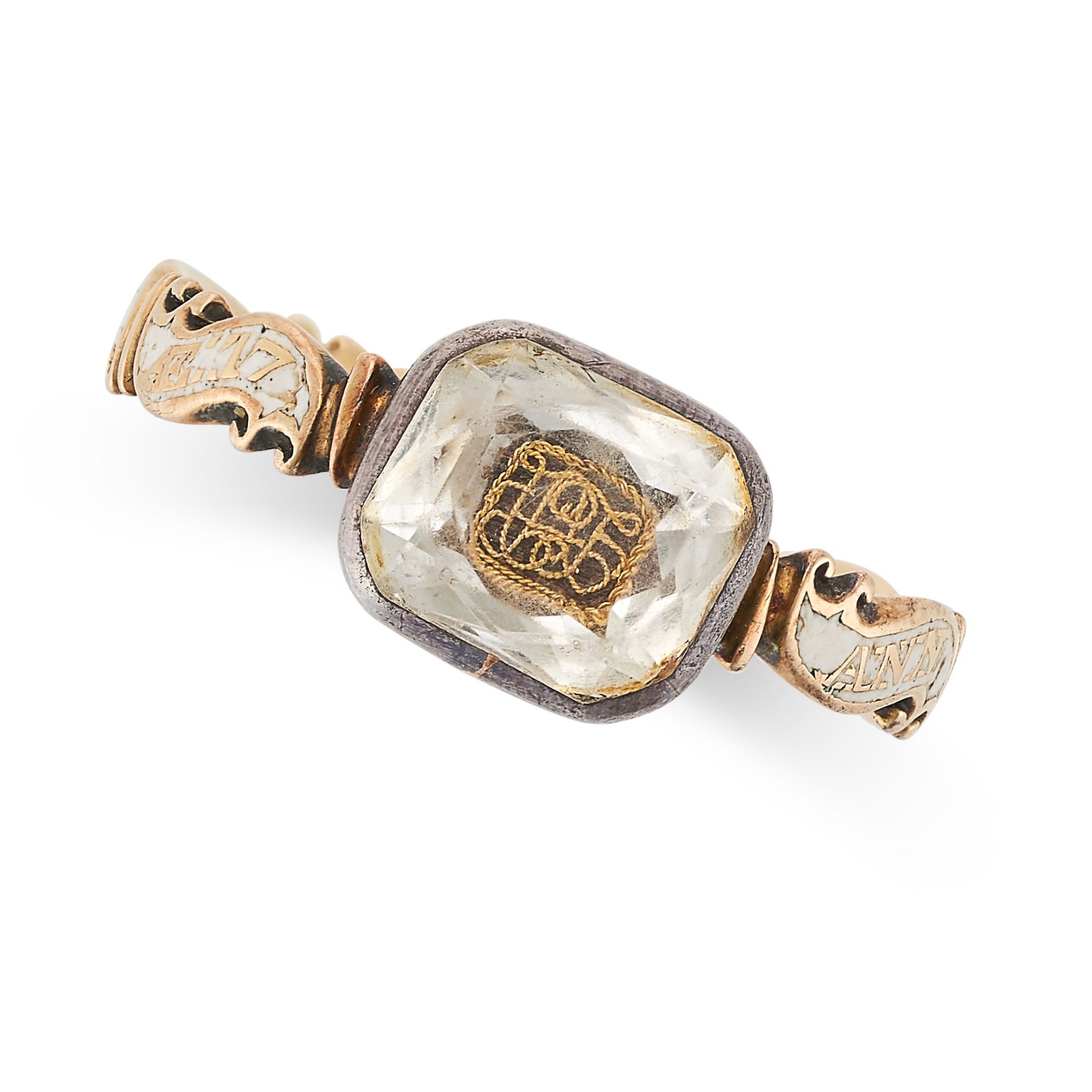 AN ANTIQUE GEORGIAN STUART CRYSTAL AND ENAMEL MOURNING RING in yellow gold, comprising a hair work