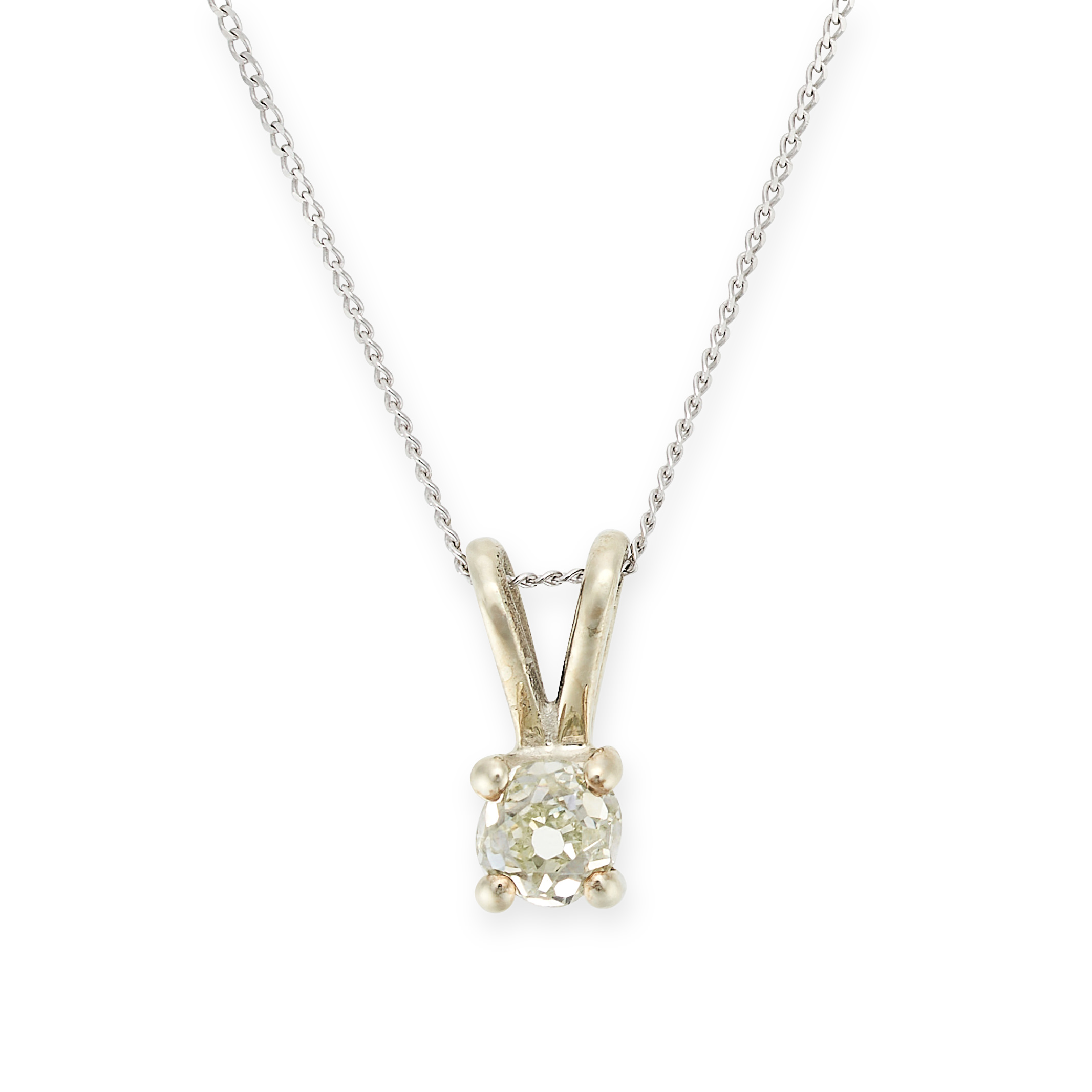 A SOLITAIRE DIAMOND PENDANT AND CHAIN in 9ct white gold, set with an old cut diamond of 0.26 carats,