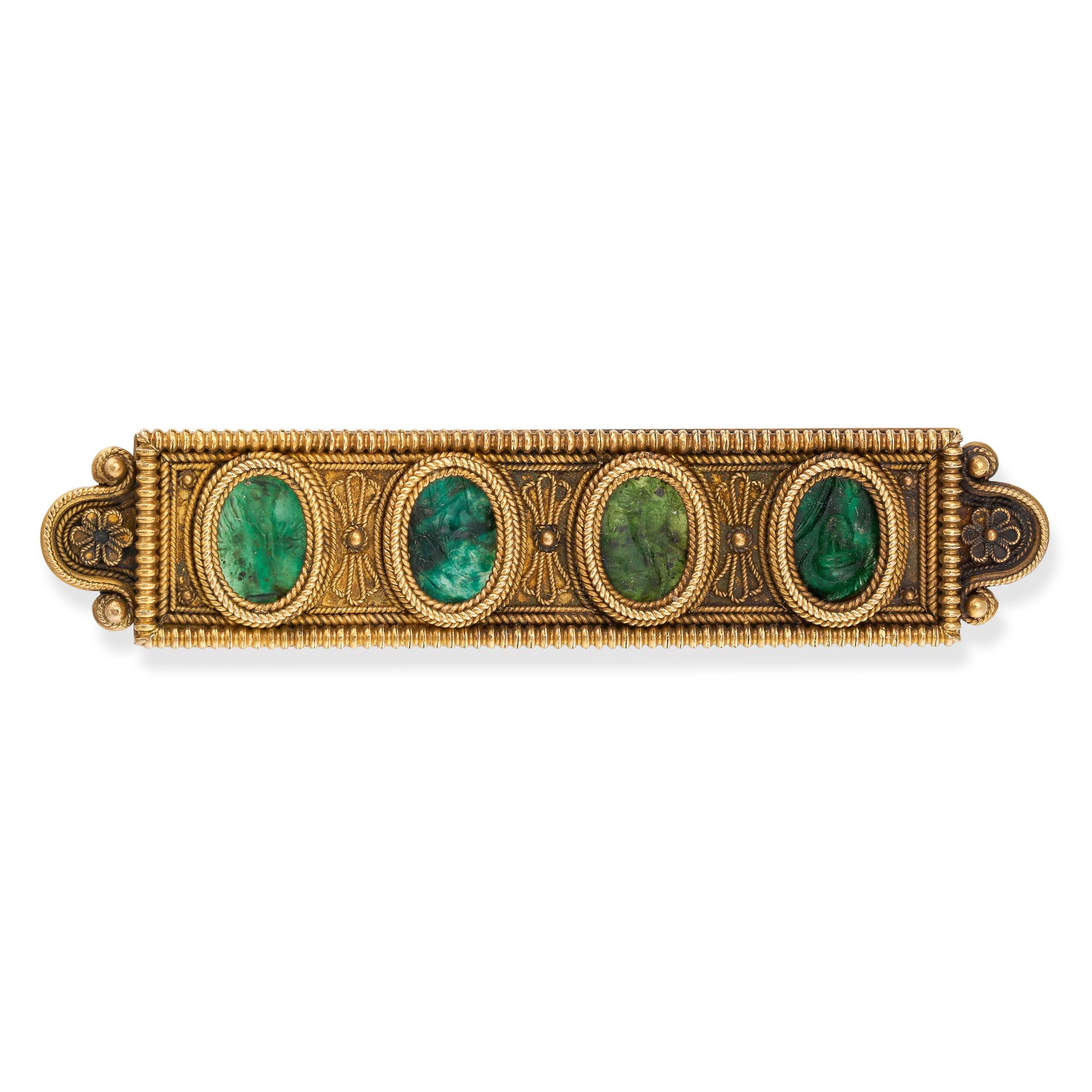 AN ANCIENT INTAGLIO ETRUSCAN REVIVAL BROOCH, 19TH CENTURY in yellow gold, set with four ancient