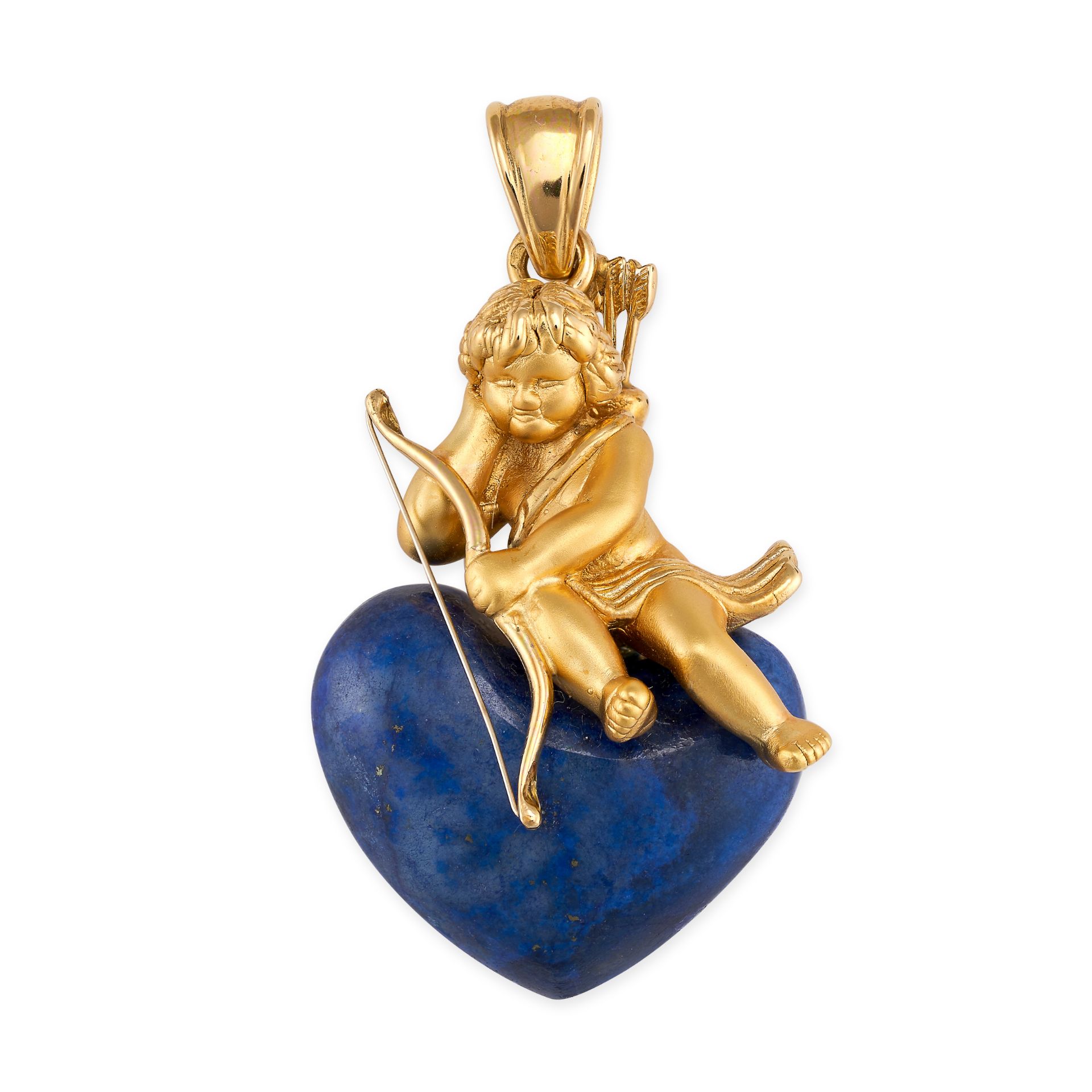 A FRENCH LAPIS LAZULI CUPID HEART PENDANT in 18ct yellow gold, the pendant designed as Cupid resting