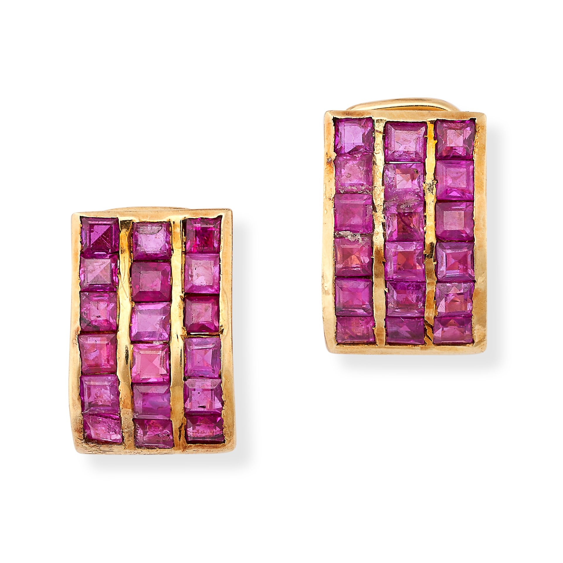 A PAIR OF RUBY EARRINGS in yellow gold, each set with three rows of square step cut rubies, post and