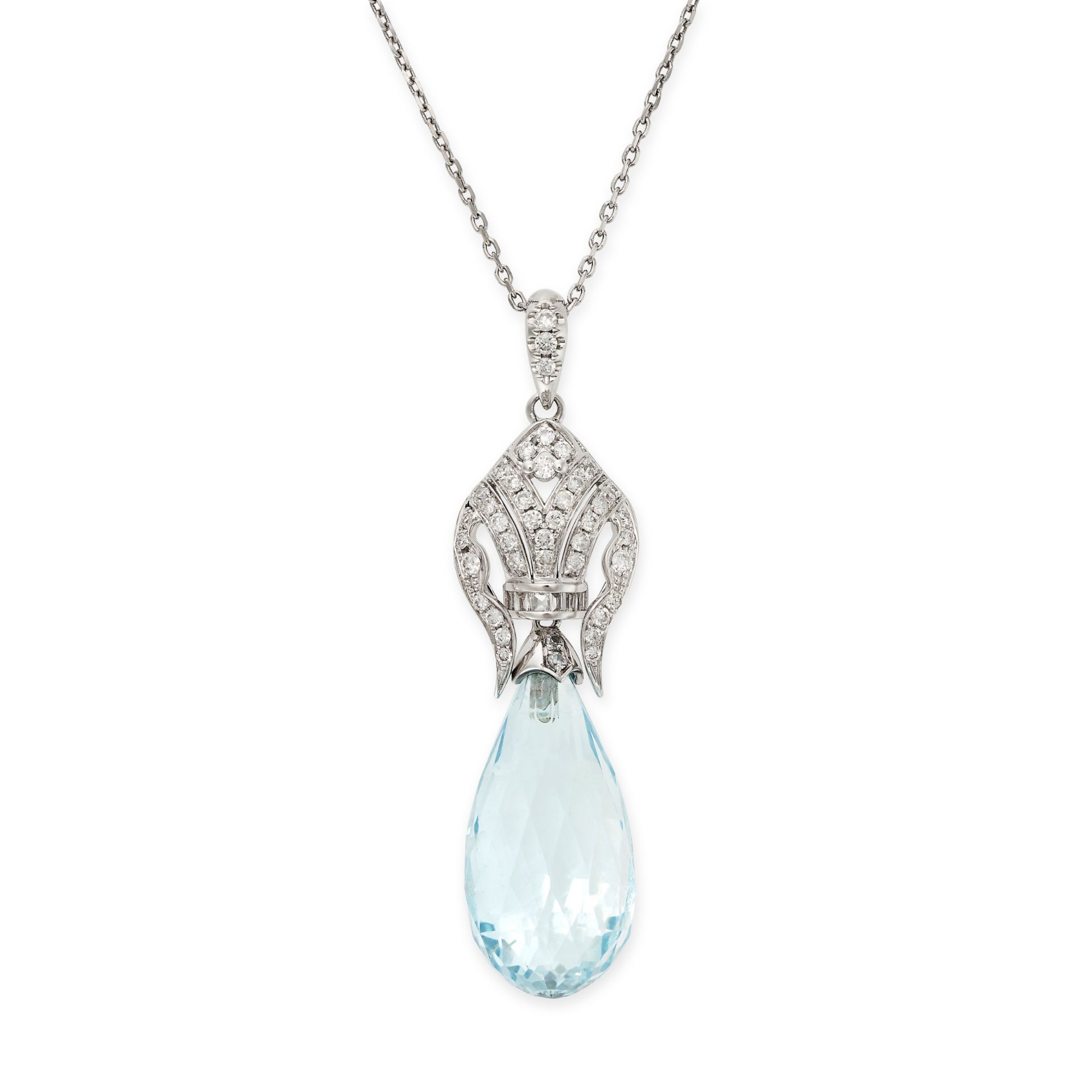AN AQUAMARINE AND DIAMOND PENDANT NECKLACE in 18ct white gold, comprising an aquamarine briolette of