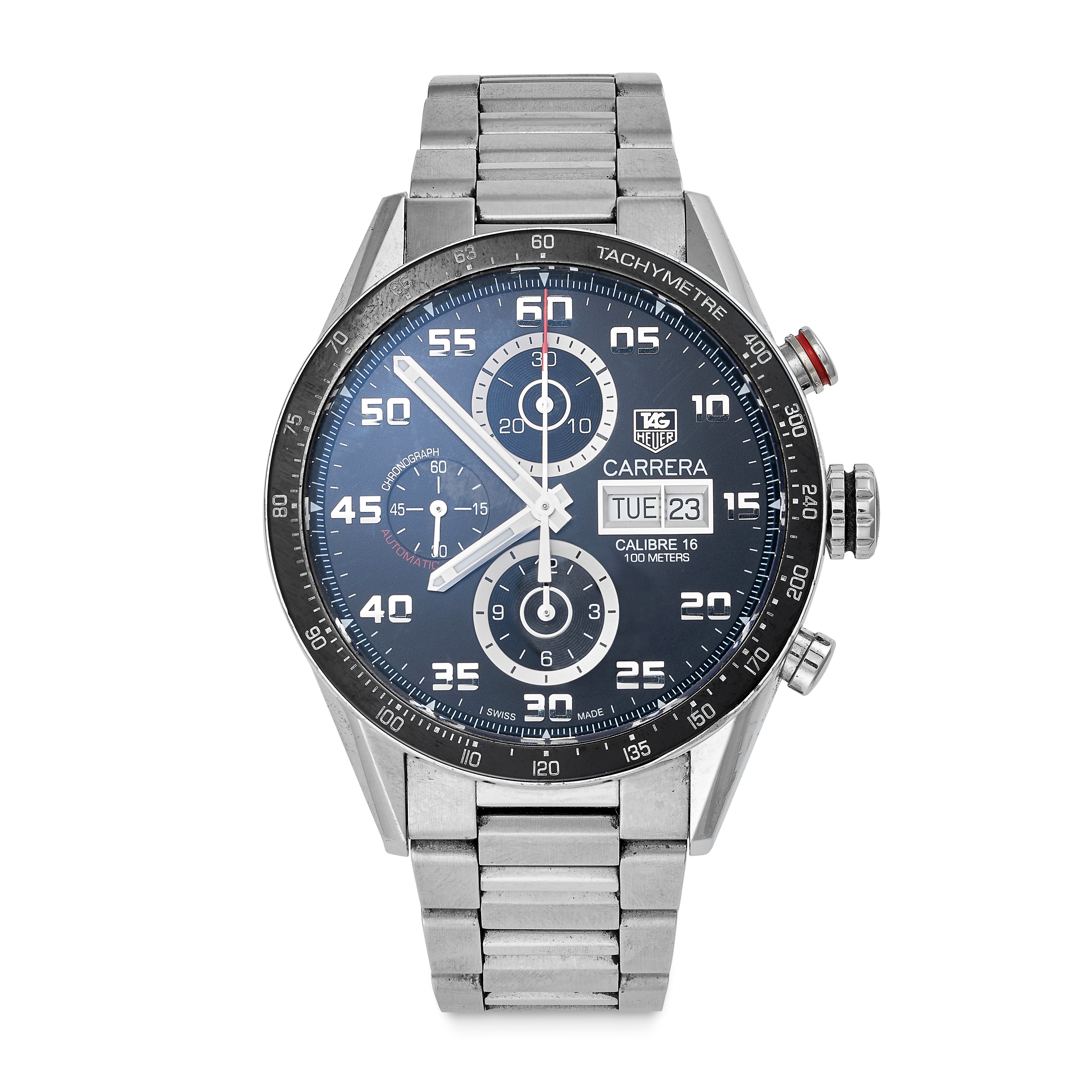 TAG HEUER, A CARRERA CALIBRE 16 CHRONOGRAPH WRISTWATCH in stainless steel, with black dial, silver