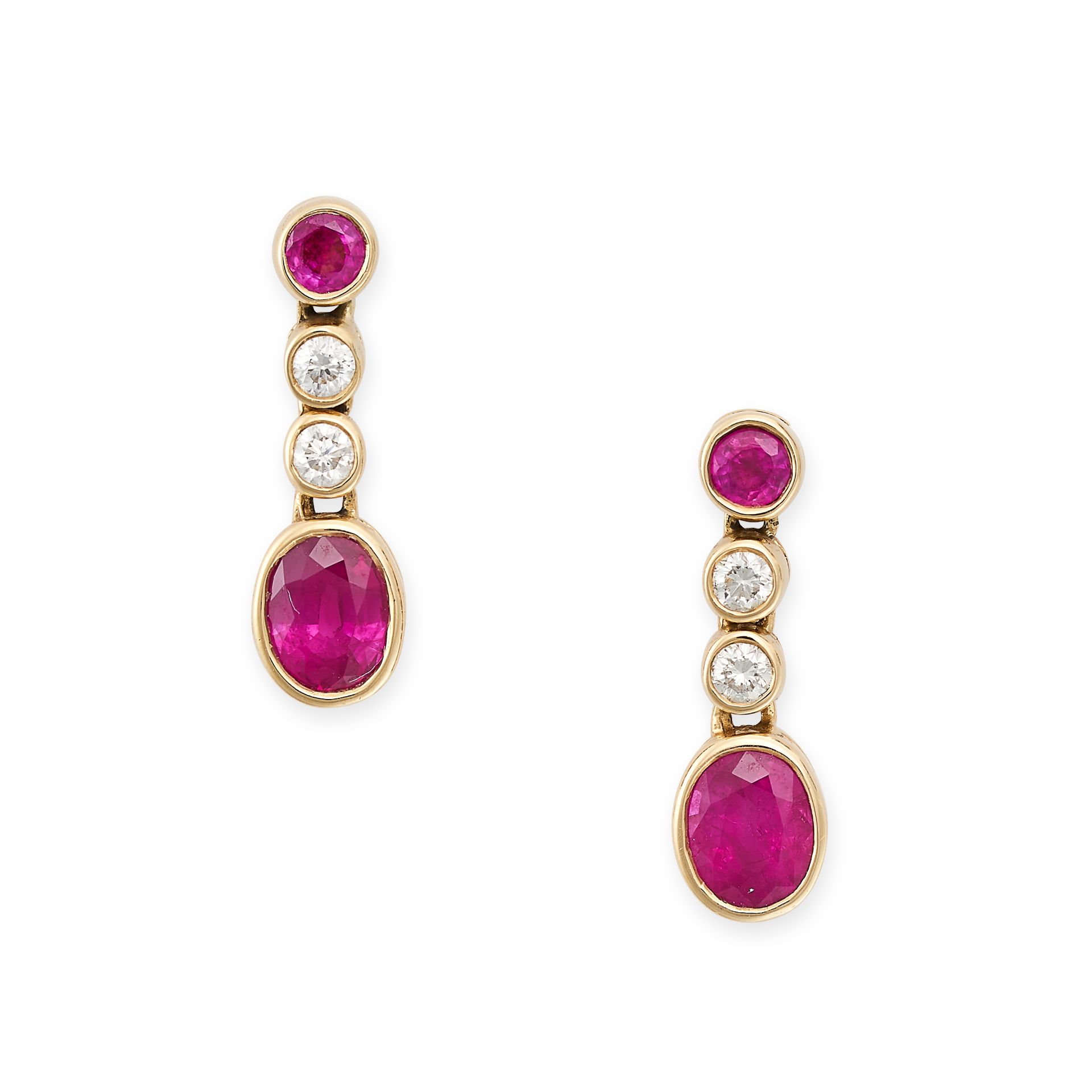 A PAIR OF RUBY AND DIAMOND DROP EARRINGS in 18ct yellow gold, each set with a row of round cut
