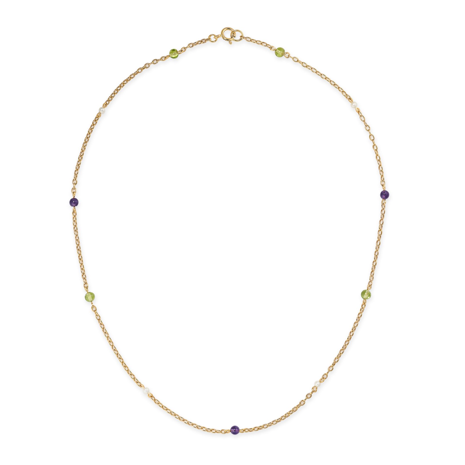NO RESERVE - AN ANTIQUE AMETHYST, PERIDOT AND PEARL CHAIN NECKLACE in 18ct yellow gold, the trace