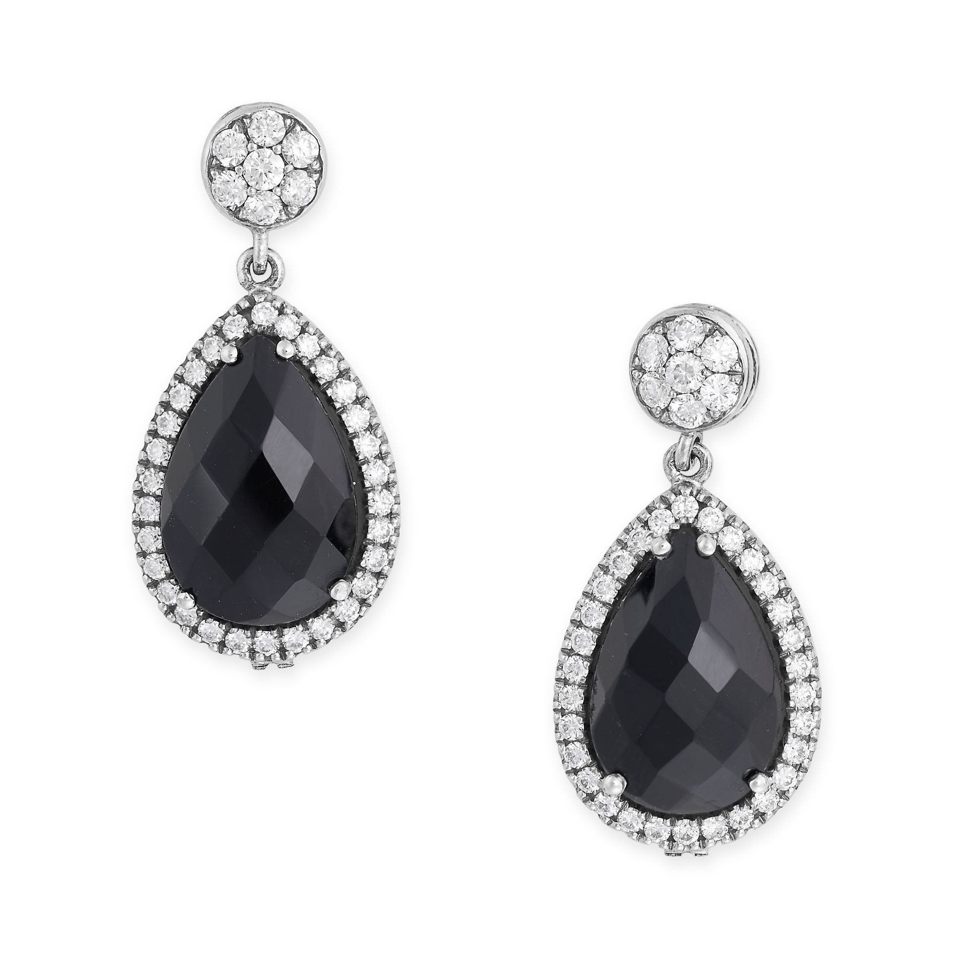 A PAIR OF ONYX AND DIAMOND DROP EARRINGS in white gold, each set with a cluster of round brilliant