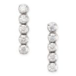 A PAIR OF DIAMOND DROP EARRINGS in 18ct white gold, each set with a row of five round brilliant