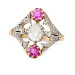 AN EDWARDIAN RUBY AND DIAMOND RING, CIRCA 1915 in yellow gold, set with a pear shaped old cut