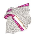 PETOCHI, A RUBY AND DIAMOND BROOCH HANDKERCHIEF BROOCH pave set with round brilliant cut diamonds