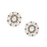 A PAIR OF DIAMOND CLUSTER EARRINGS each set with a flat cut diamond in a border of further flat
