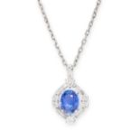 A SAPPHIRE AND DIAMOND PENDANT AND CHAIN in 18ct white gold, the pendant set with an oval cut