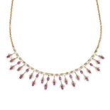 AN ANTIQUE RUBY AND ENAMEL FRINGE NECKLACE in yellow gold, the central section decorated with bars