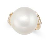 A VINTAGE PEARL AND DIAMOND DRESS RING in yellow gold, set with a pearl of 19.4mm to a