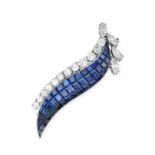 A SAPPHIRE AND DIAMOND BROOCH in platinum, designed as a leaf illusion set with three rows of