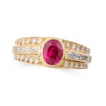 A RUBY AND DIAMOND RING set to the centre with an oval cut ruby of approximately 1.26 carats, the