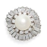 A DIAMOND AND PEARL RING AND EARRINGS SUITE the ring set with a pearl of 9.7mm accented by round