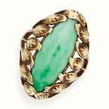 A JADEITE JADE RING in yellow gold, set with a marquise shaped cabochon jadeite jade in a stylised