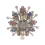 AN ANTIQUE SAPPHIRE, RUBY, DIAMOND AND PEARL PEACOCK BROOCH in silver and yellow gold, designed as a
