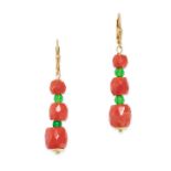 A PAIR OF CORAL DROP EARRINGS each set with three graduated faceted coral beads, accented by green