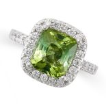 A GREEN TOURMALINE AND DIAMOND RING in platinum, set with a cushion cut green tourmaline of 4.32