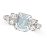 AN AQUAMARINE AND DIAMOND RING in platinum, set with an octagonal step cut aquamarine of