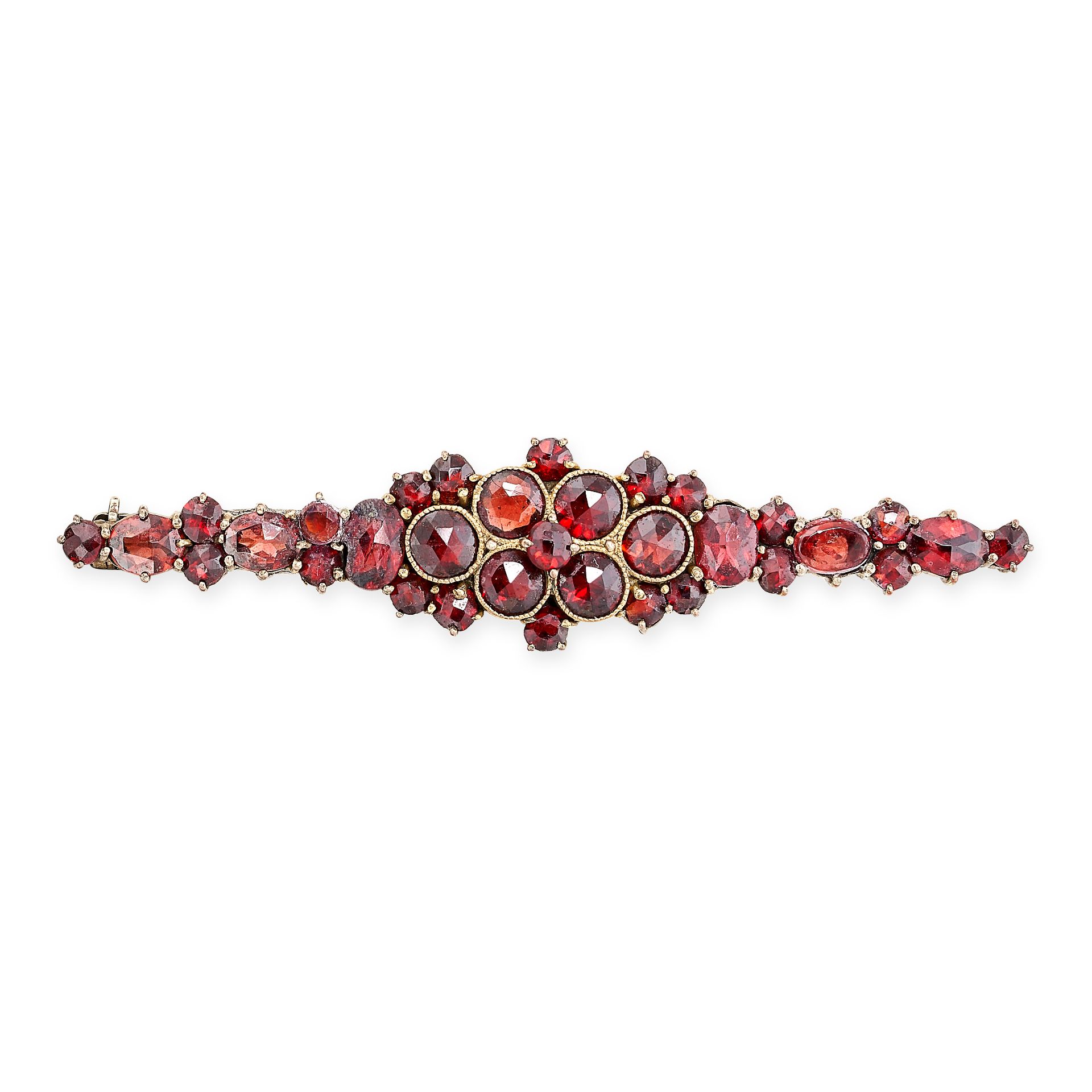 AN ANTIQUE BOHEMIAN GARNET BAR BROOCH set throughout with rose cut garnets, no assay marks, 6.1cm,