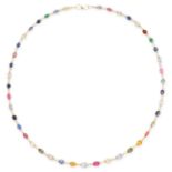 A MULTICOLOURED SAPPHIRE AND EMERALD CHAIN NECKLACE in 14ct yellow gold, set with a row of oval
