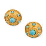 A PAIR OF TURQUOISE CLIP EARRINGS in 18ct yellow gold, each domed face set with a cluster of