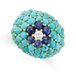 A VINTAGE DIAMOND, SAPPHIRE AND TURQUOISE BOMBE RING in yellow gold, the domed face set to the