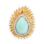 A VINTAGE TURQUOISE AND DIAMOND BROOCH in 18ct yellow gold, set with a pear shaped cabochon