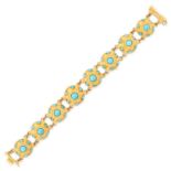 A TURQUOISE BRACELET in 18ct yellow gold, comprising eight domed links set with clusters of cabochon