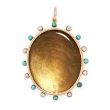 AN ANTIQUE TURQUOISE AND PEARL LOCKET / PENDANT in 15ct yellow gold, the oval pendant set with a
