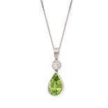A DIAMOND AND PERIDOT PENDANT AND CHAIN in 9ct white gold, the pendant set with a round brilliant