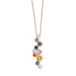 A MULTICOLOUR SAPPHIRE AND DIAMOND BUBBLE PENDANT NECKLACE in 18ct yellow gold, the pendant set with