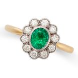 AN EMERALD AND DIAMOND CLUSTER RING in 18ct yellow gold, set with an oval cut emerald in a cluster