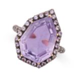 AN AMETHYST DRESS RING in 18ct rose gold, set with a fancy cut amethyst in a border of round cut