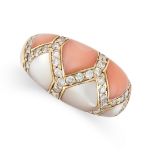 A CORAL, MOTHER OF PEARL AND DIAMOND BOMBE RING in 18ct yellow gold, the domed face set with