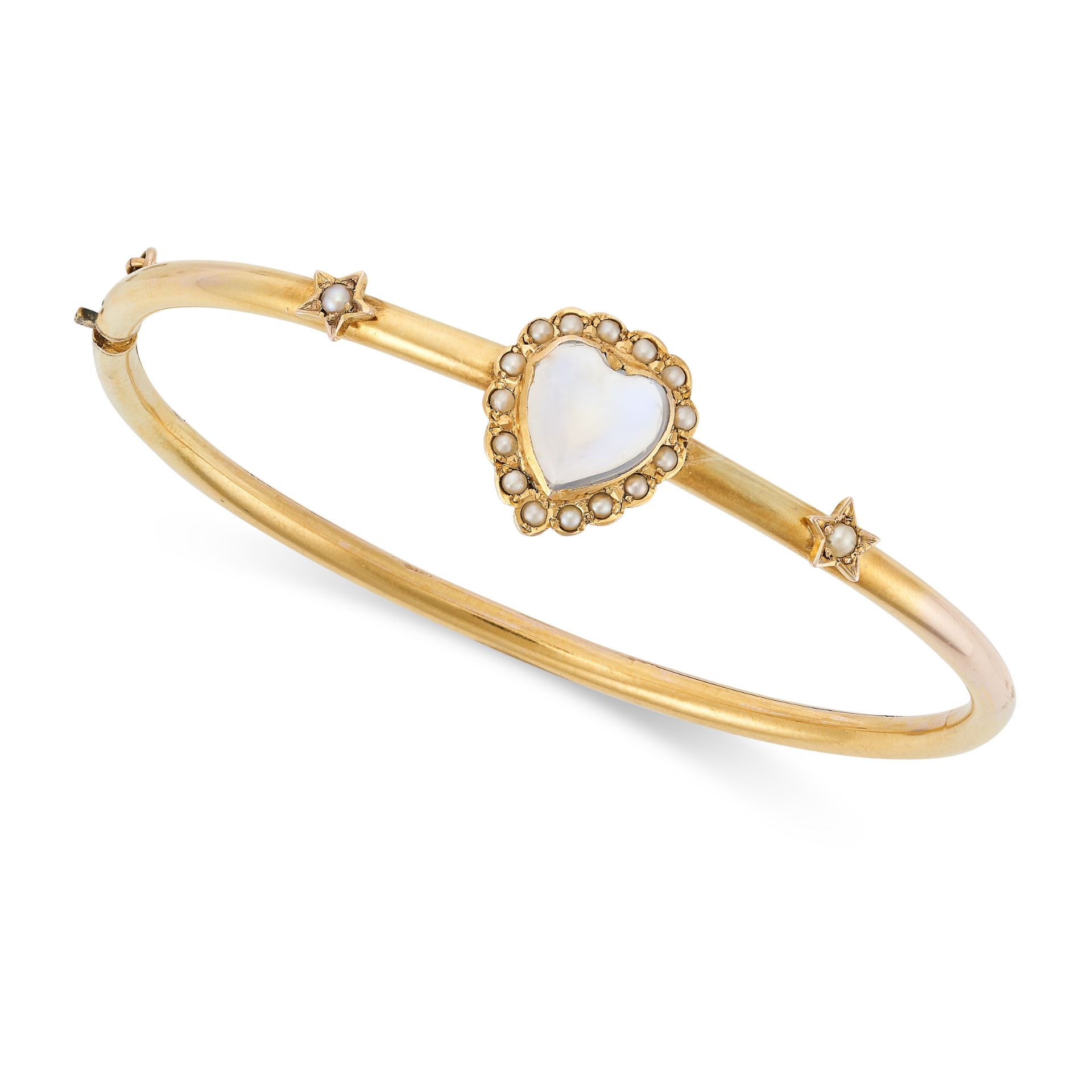 AN ANTIQUE MOONSTONE AND PEARL BANGLE in yellow gold, the hinged bangle set with a heart shaped