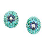 A PAIR OF VINTAGE DIAMOND, SAPPHIRE AND TURQUOISE CLIP EARRINGS in 18ct yellow gold, the domed faces