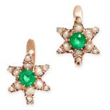 A PAIR OF ANTIQUE PEARL AND GREEN PASTE EARRINGS in yellow gold, designed as a star, set with a