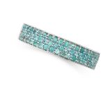 A PARAIBA TOURMALINE AND DIAMOND HALF ETERNITY RING in 18ct white gold, set with three rows of round