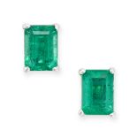 A PAIR OF EMERALD STUD EARRINGS in white gold, each set with a set with a step cut emerald, no assay