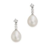 A PAIR OF PEARL AND DIAMOND DROP EARRINGS in 18ct white gold, each set with a row of round brilliant