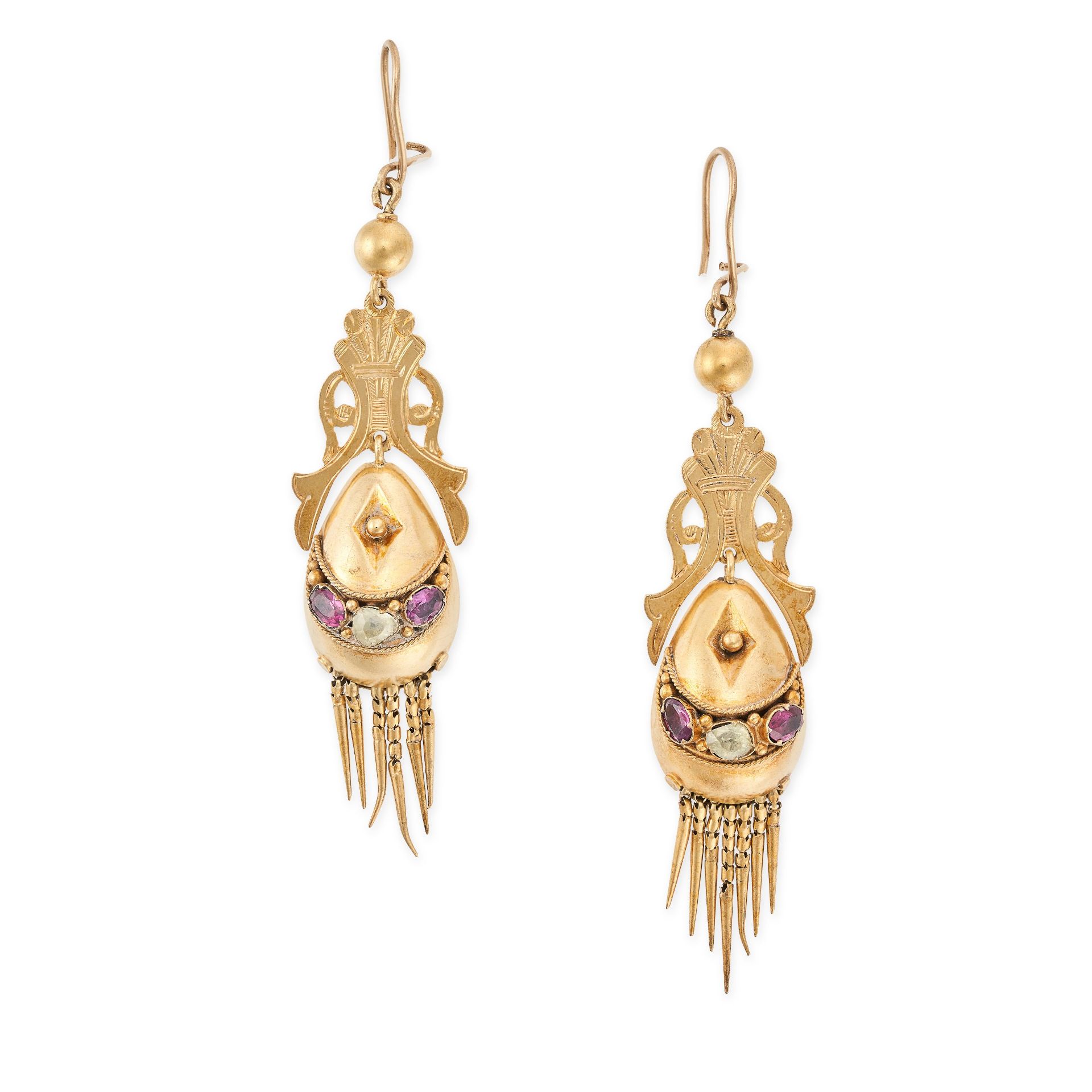 A PAIR OF ANTIQUE GARNET AND GREEN BERYL DROP EARRINGS in yellow gold, the ovoid bodies set with