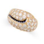 A SAPPHIRE AND DIAMOND BOMBE RING in 18ct yellow gold, the domed face pave set with round