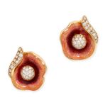 FABERGE, A PAIR OF DIAMOND AND ENAMEL FLOWER EARRINGS in 18ct yellow gold, each designed as a flower